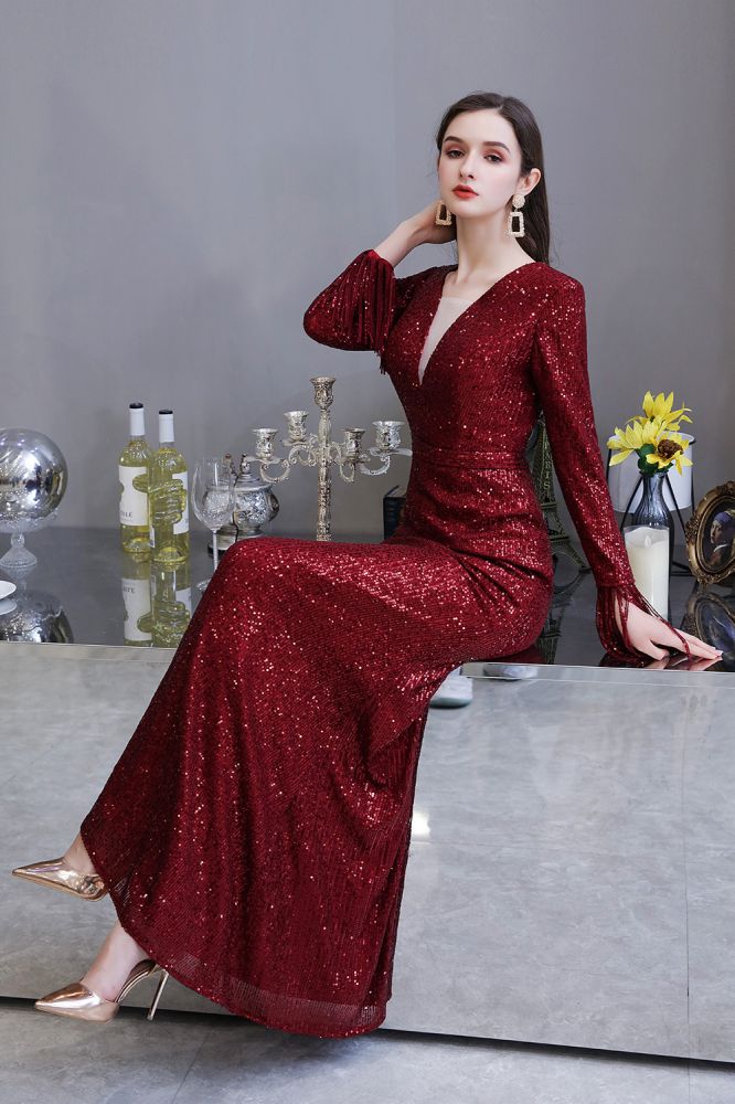 Elegant Sequined Burgundy V-Neck Mermaid Cocktail Party Dress Floor Length - Prom Dresses - DINIBLO 