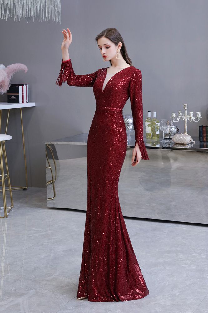 Elegant Sequined Burgundy V-Neck Mermaid Cocktail Party Dress Floor Length - Prom Dresses - DINIBLO 