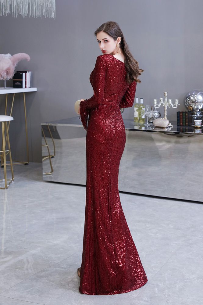 Elegant Sequined Burgundy V-Neck Mermaid Cocktail Party Dress Floor Length - Prom Dresses - DINIBLO 