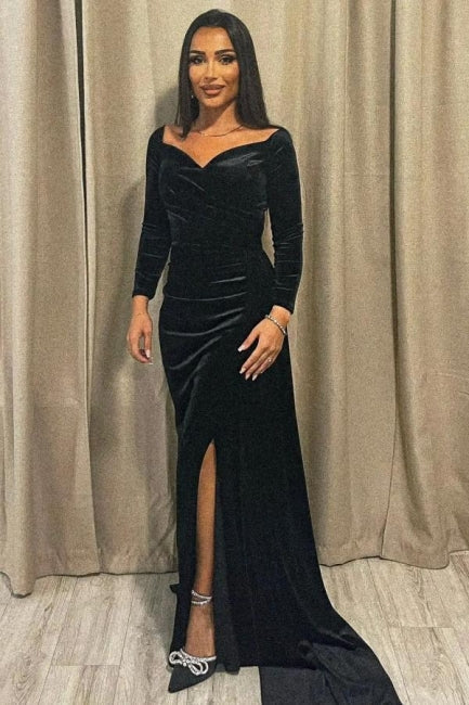 Elegant Velvet Long Black A-line Split Evening Dresses With Sleeves - Prom Dresses - DINIBLO 