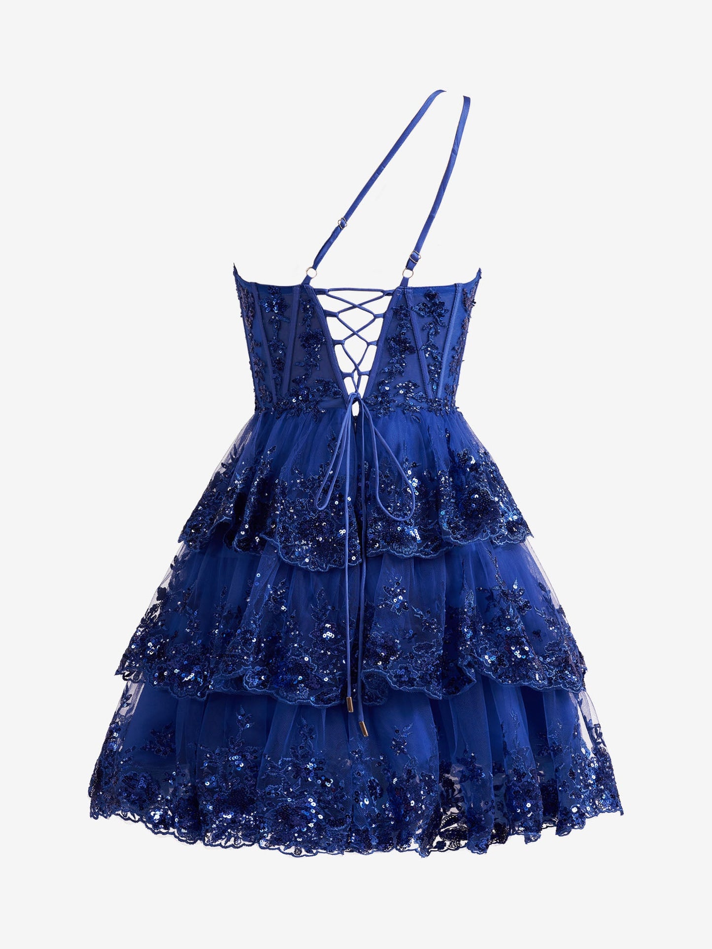 Emma | A Line One Shoulder Navy Tiered Lace Short Homecoming Dress - Cocktail Dress - DINIBLO 