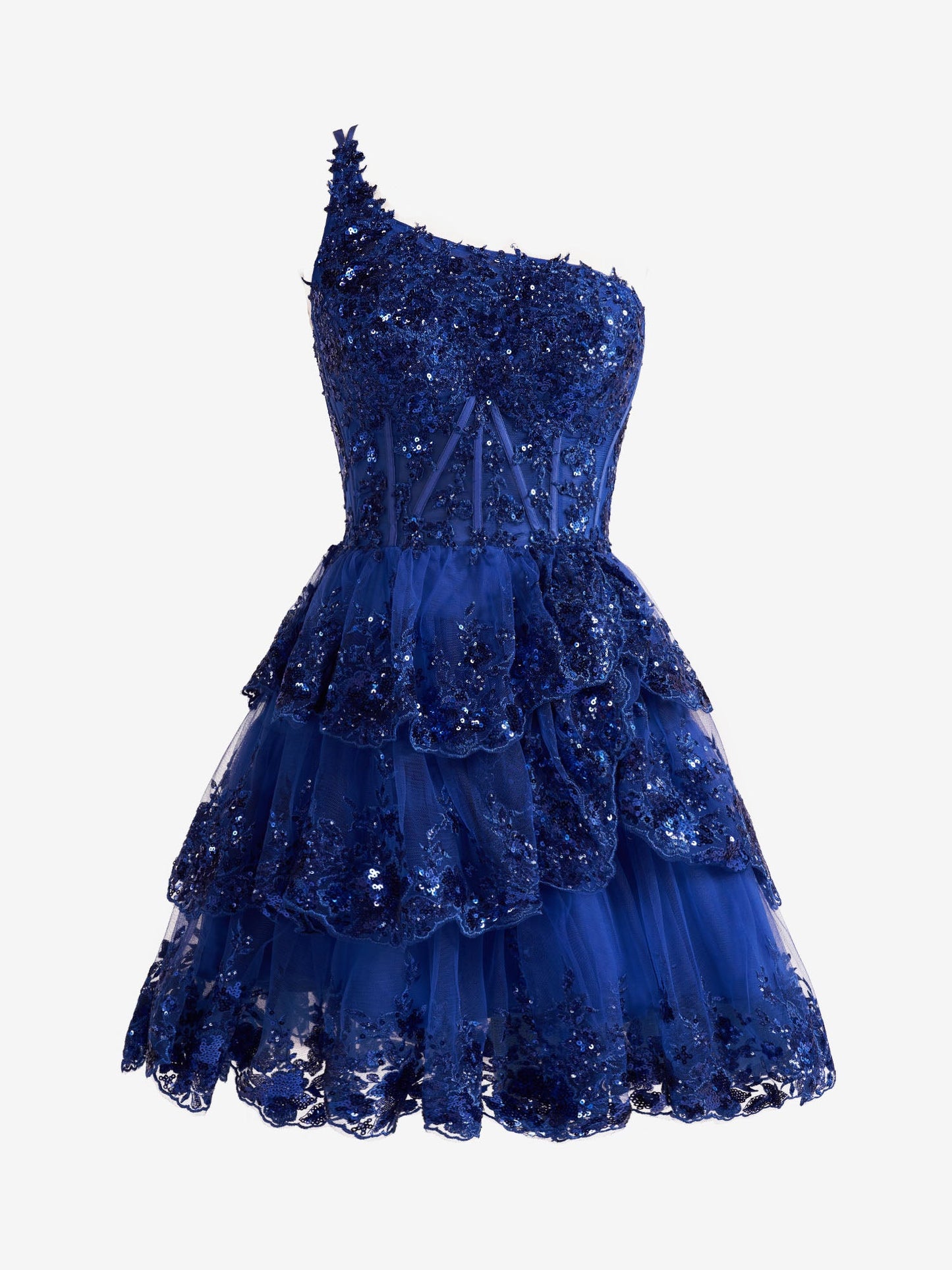 Emma | A Line One Shoulder Navy Tiered Lace Short Homecoming Dress - Cocktail Dress - DINIBLO 