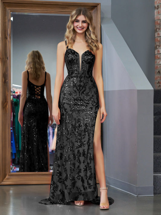 Erryn | Black Sheath Sequins Long Prom Dress with Slit - Prom Dress - DINIBLO 