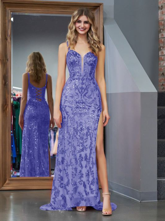 Erryn |Purple Sheath Sequins Long Prom Dress with Slit - Prom Dress - DINIBLO 