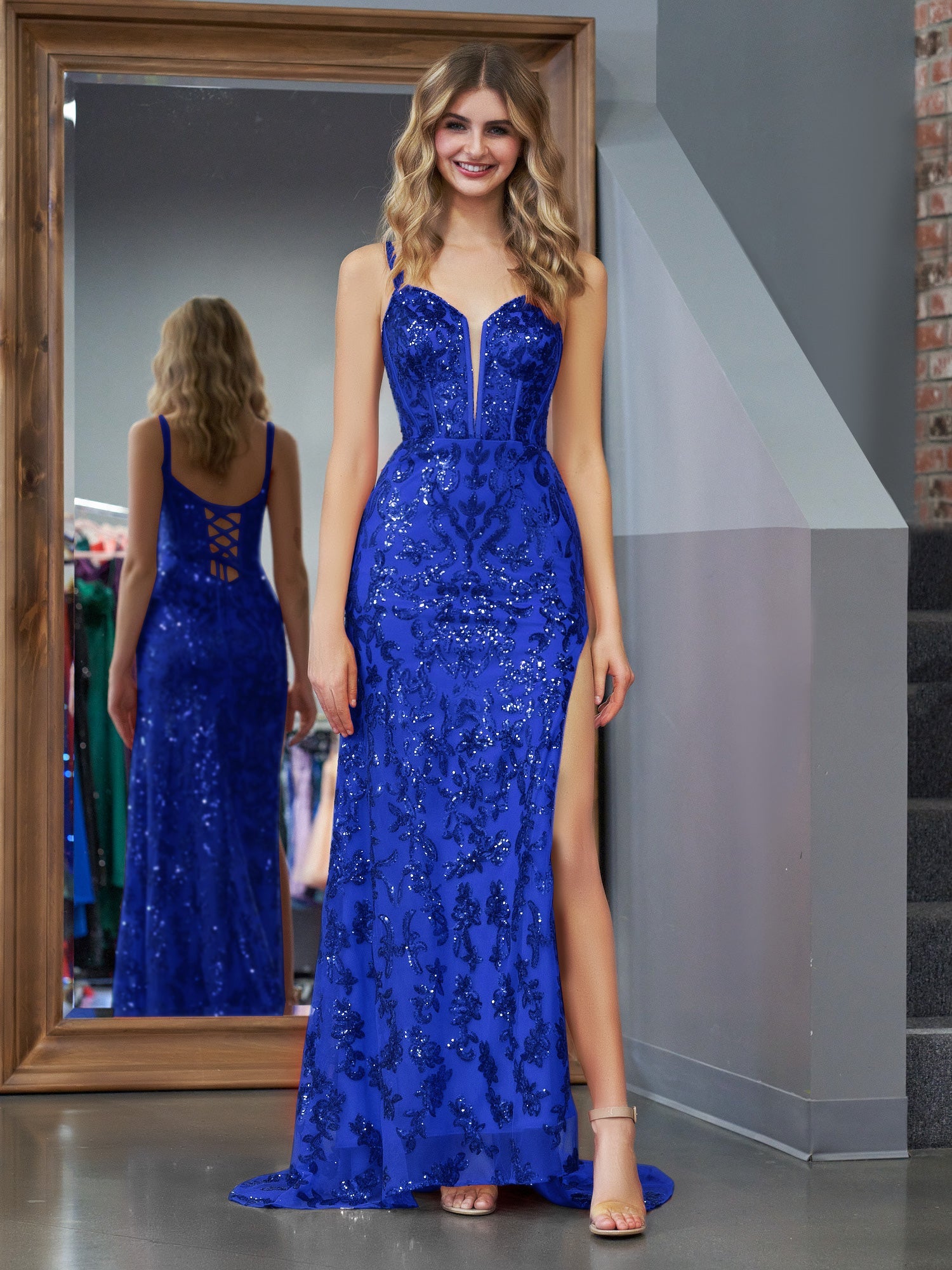 Erryn |Sparkly Blue Sheath Sequins Long Prom Dress with Slit - Prom Dress - DINIBLO 