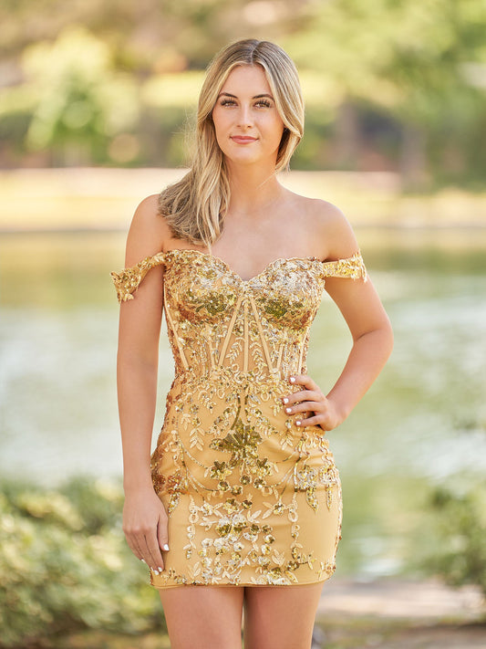 Erykah | Short Off the Shoulder Sheath Gold Kace Corset Homecoming Dresses - Homecoming Dresses - DINIBLO 