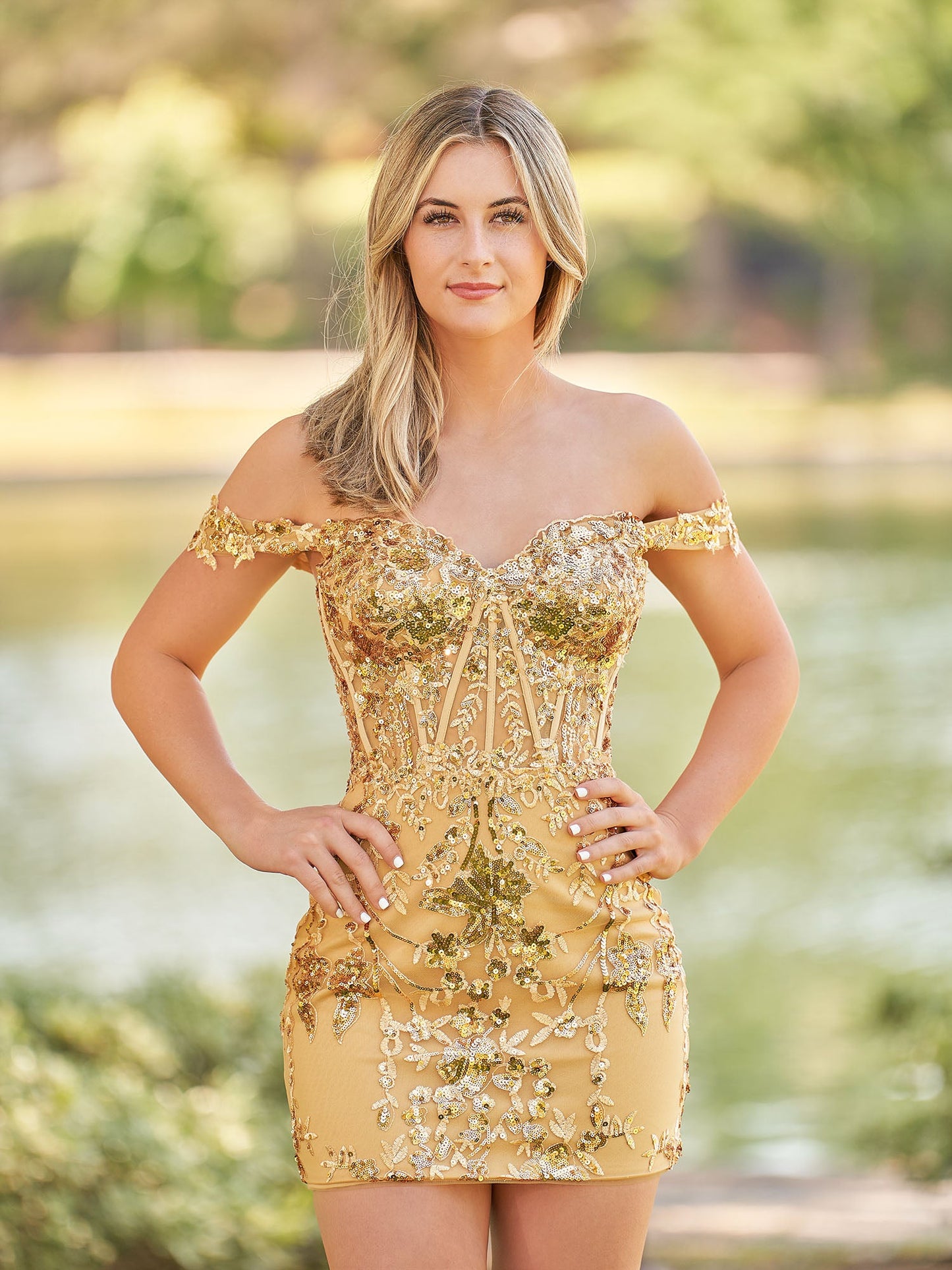 Erykah | Short Off the Shoulder Sheath Gold Kace Corset Homecoming Dresses - Homecoming Dresses - DINIBLO 