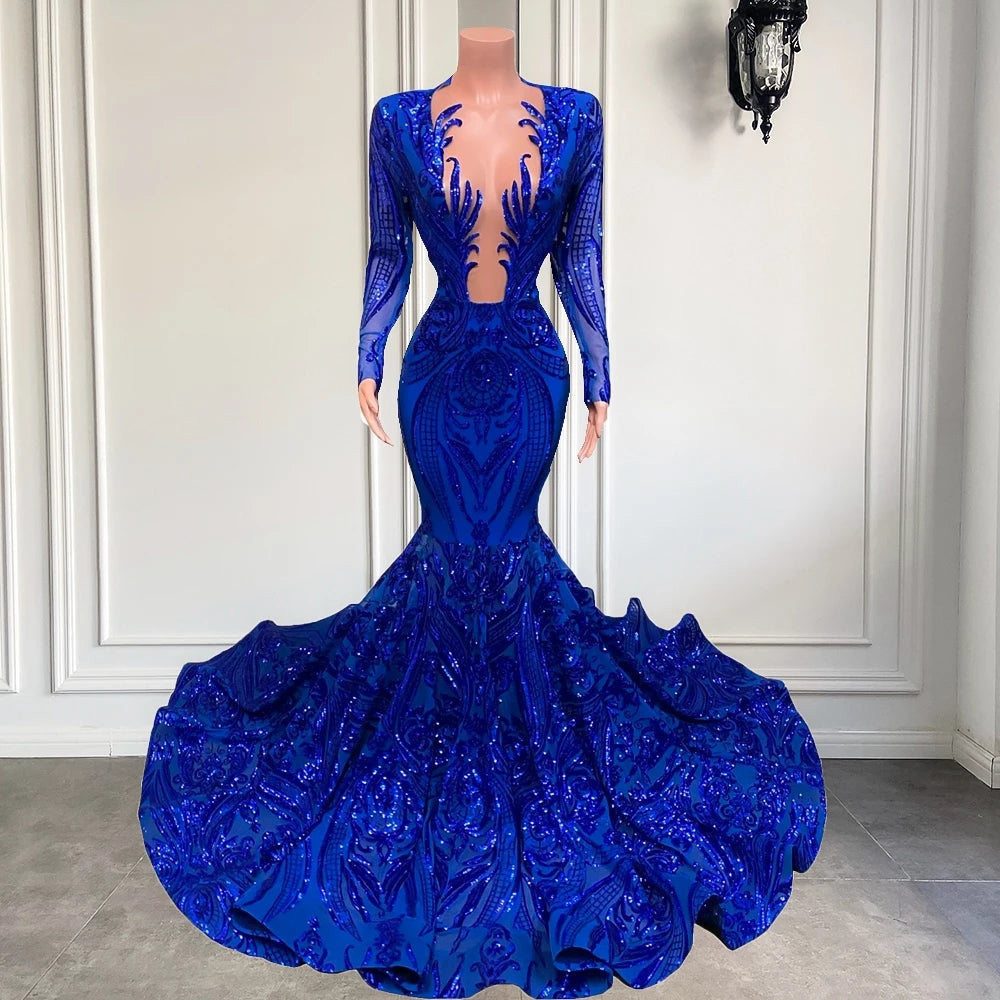 Exquisite Blue V-neck Sequins Long Sleeve Floor-length Mermaid Prom Dresses - Prom Dresses - DINIBLO 