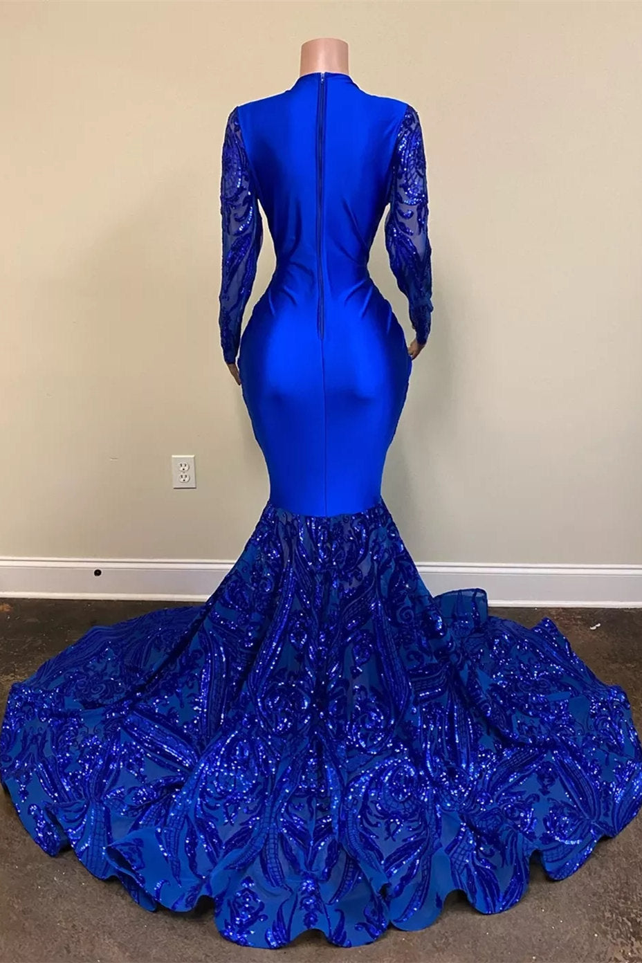 Exquisite Blue V-neck Sequins Long Sleeve Floor-length Mermaid Prom Dresses - Prom Dresses - DINIBLO 