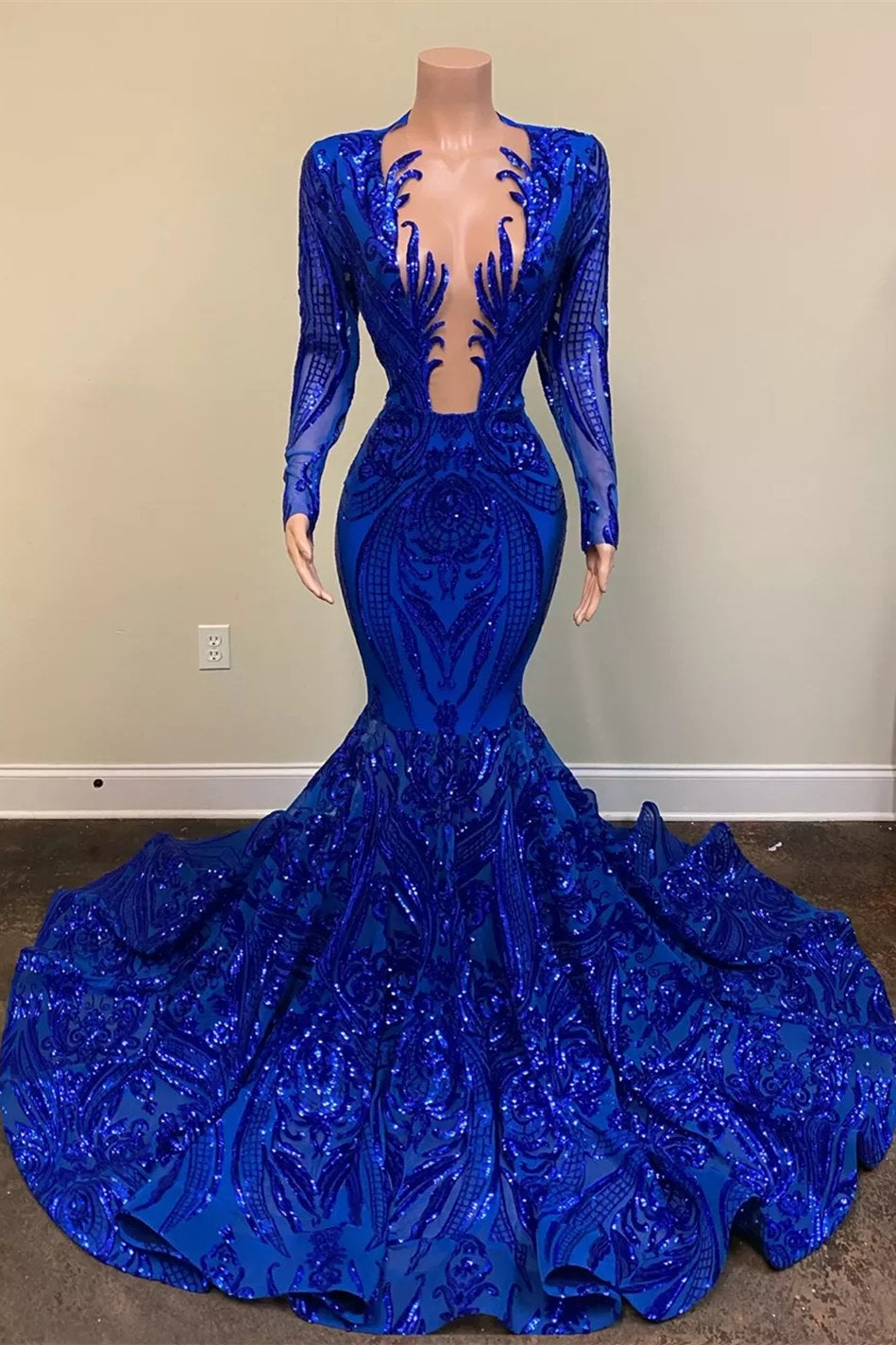 Exquisite Blue V-neck Sequins Long Sleeve Floor-length Mermaid Prom Dresses - Prom Dresses - DINIBLO 