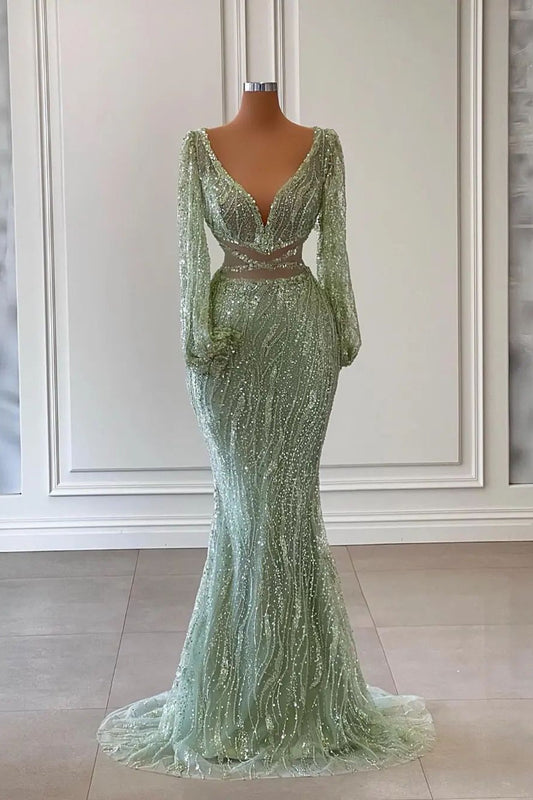 Exquisite Floor Length V-Neck Long Sleeves Mermaid Prom Dress with Sequins - Prom Dresses - DINIBLO 