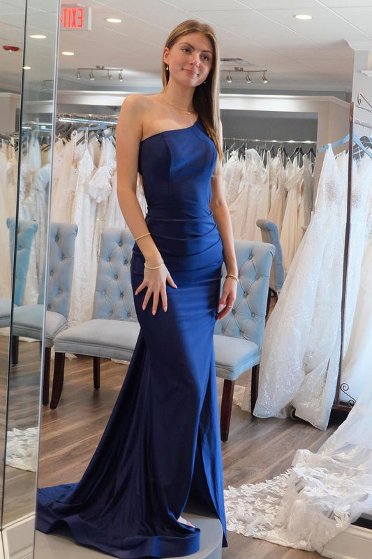 Simple Mermaid One Shoulder Navy Blue Satin Long Prom Dresses - Prom Dress - DINIBLO 