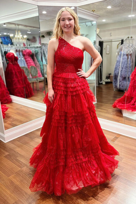 Sparkly Red One Shoulde Ruffle Tulle A-Line Long Prom Dresses - Prom Dress - DINIBLO 