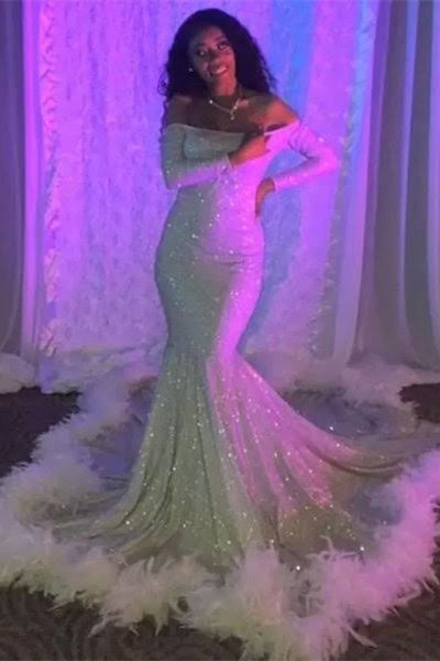 Fabulous Floor Length Long Sleeves Mermaid Sequined Prom Dress with Feathers - Prom Dresses - DINIBLO 