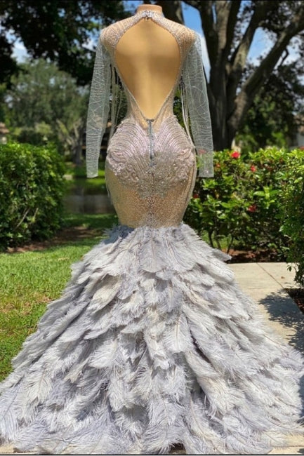 Fabulous Grey Sequined Beading Feather Mermaid Long Sleeves Tulle Prom Dress - Prom Dresses - DINIBLO 