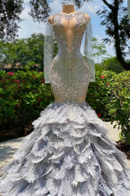 Fabulous Grey Sequined Beading Feather Mermaid Long Sleeves Tulle Prom Dress - Prom Dresses - DINIBLO 