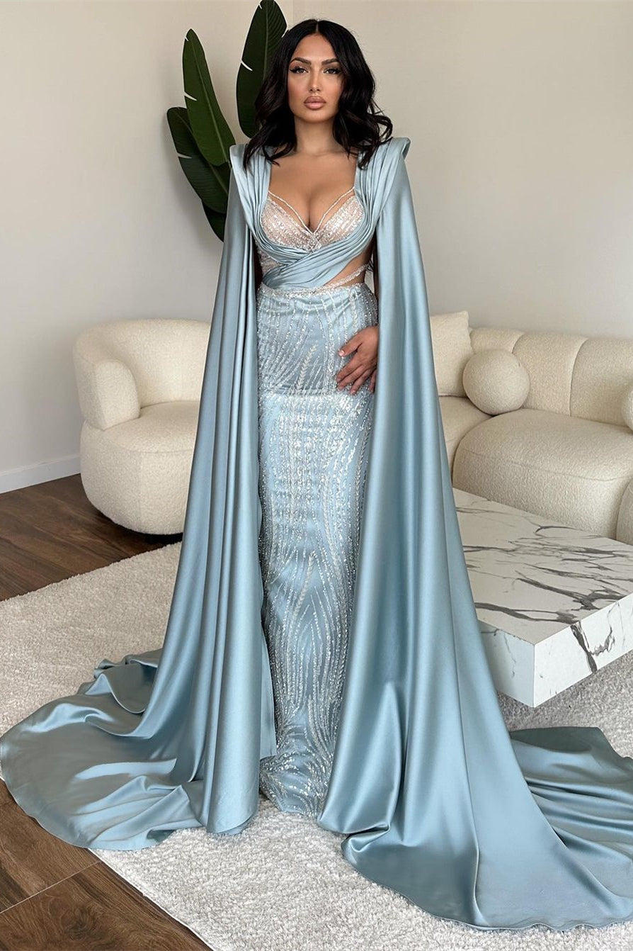 Fabulous Long Blue V-neck Mermaid Sequined Lace Prom Dress With Sleeves - Prom Dresses - DINIBLO 