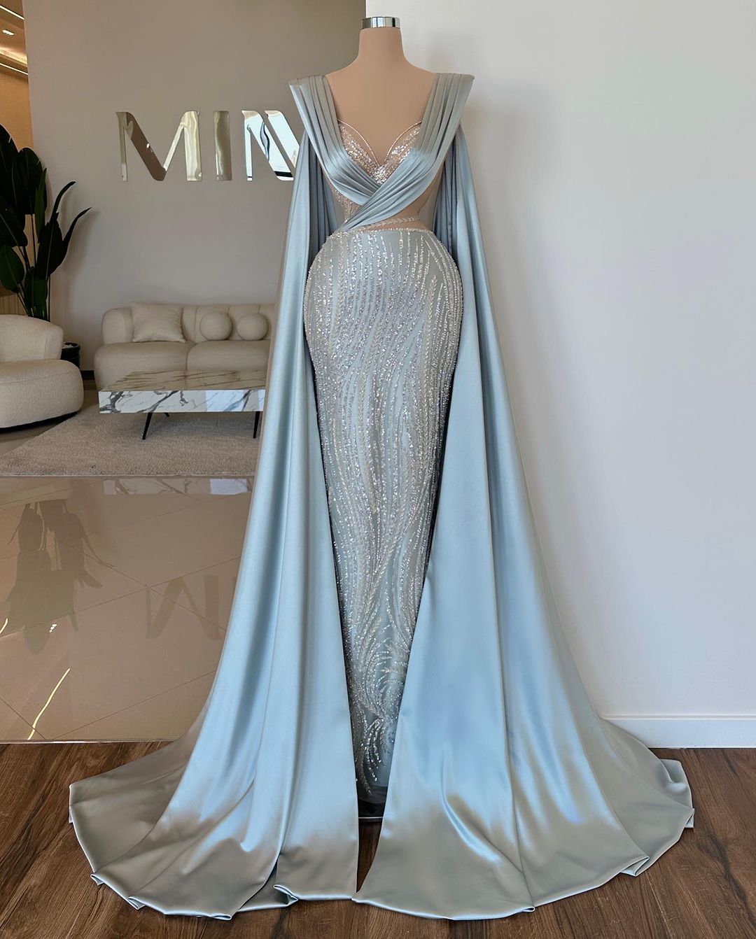 Fabulous Long Blue V-neck Mermaid Sequined Lace Prom Dress With Sleeves - Prom Dresses - DINIBLO 