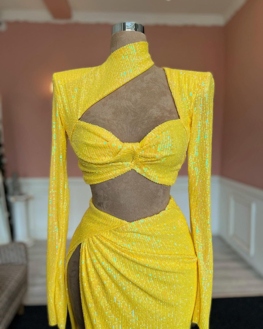 Fabulous Long Yellow Sequined High Neck Long Sleeves Prom Dress With Slit - Prom Dresses - DINIBLO 