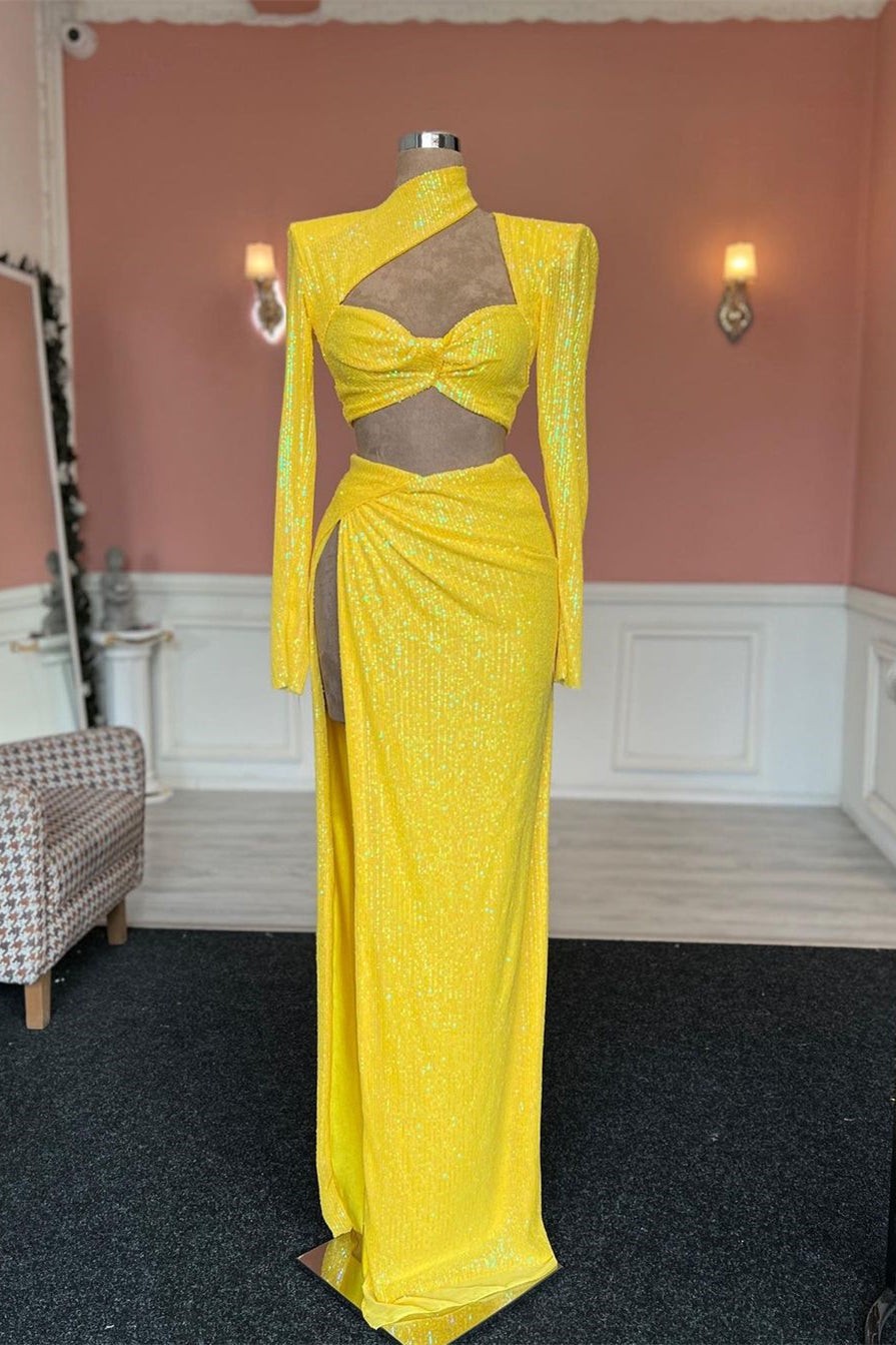 Fabulous Long Yellow Sequined High Neck Long Sleeves Prom Dress With Slit - Prom Dresses - DINIBLO 