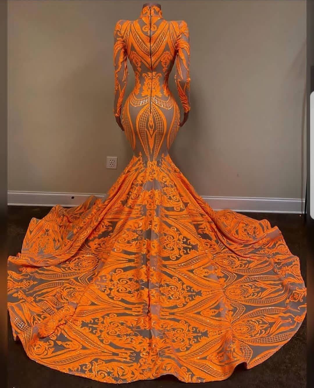 Fabulous Orange Halter Appliques Lace Long Sleeve Mermaid Prom Dresses - Prom Dresses - DINIBLO 