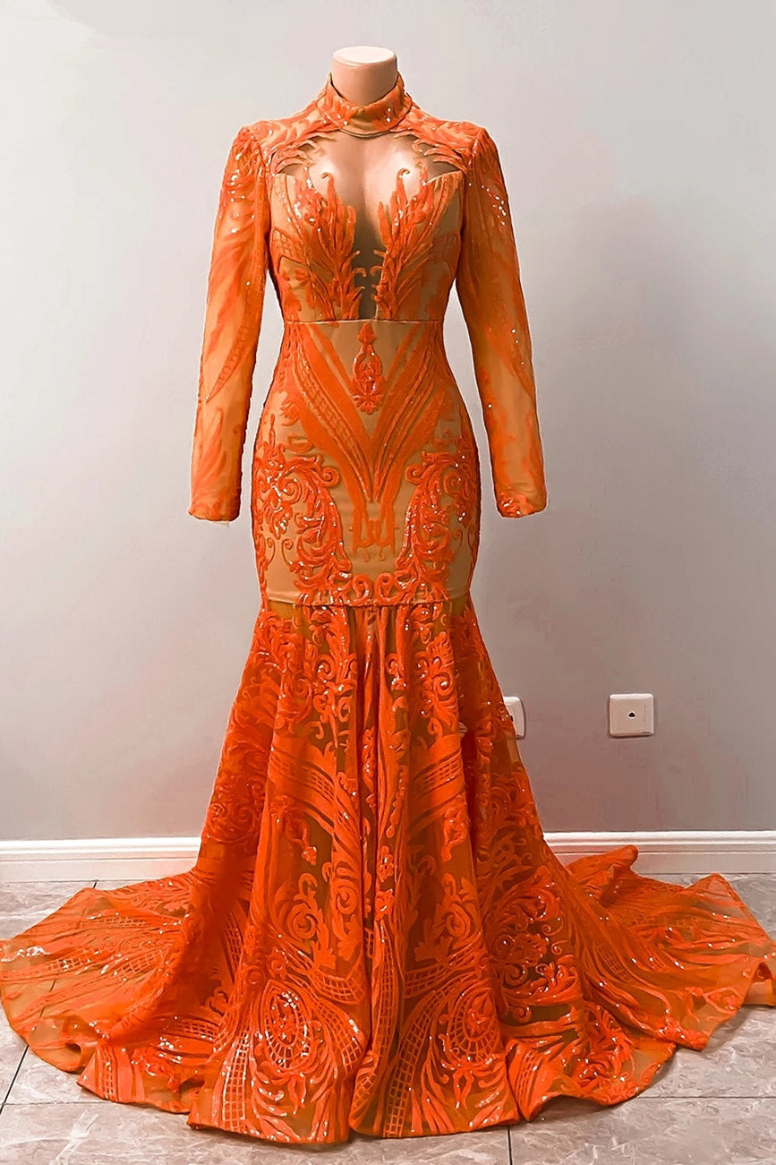 Fabulous Orange Halter Appliques Lace Long Sleeve Mermaid Prom Dresses - Prom Dresses - DINIBLO 