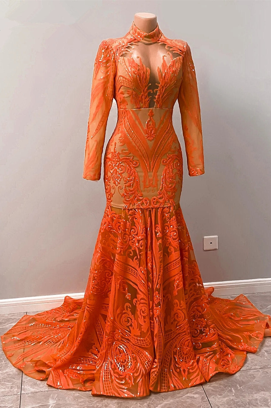 Fabulous Orange Halter Appliques Lace Long Sleeve Mermaid Prom Dresses - Prom Dresses - DINIBLO 