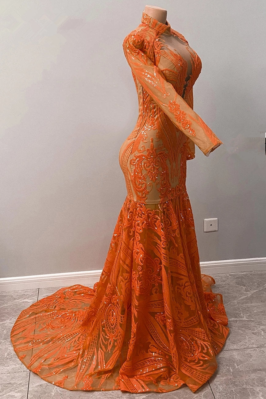 Fabulous Orange Halter Appliques Lace Long Sleeve Mermaid Prom Dresses - Prom Dresses - DINIBLO 