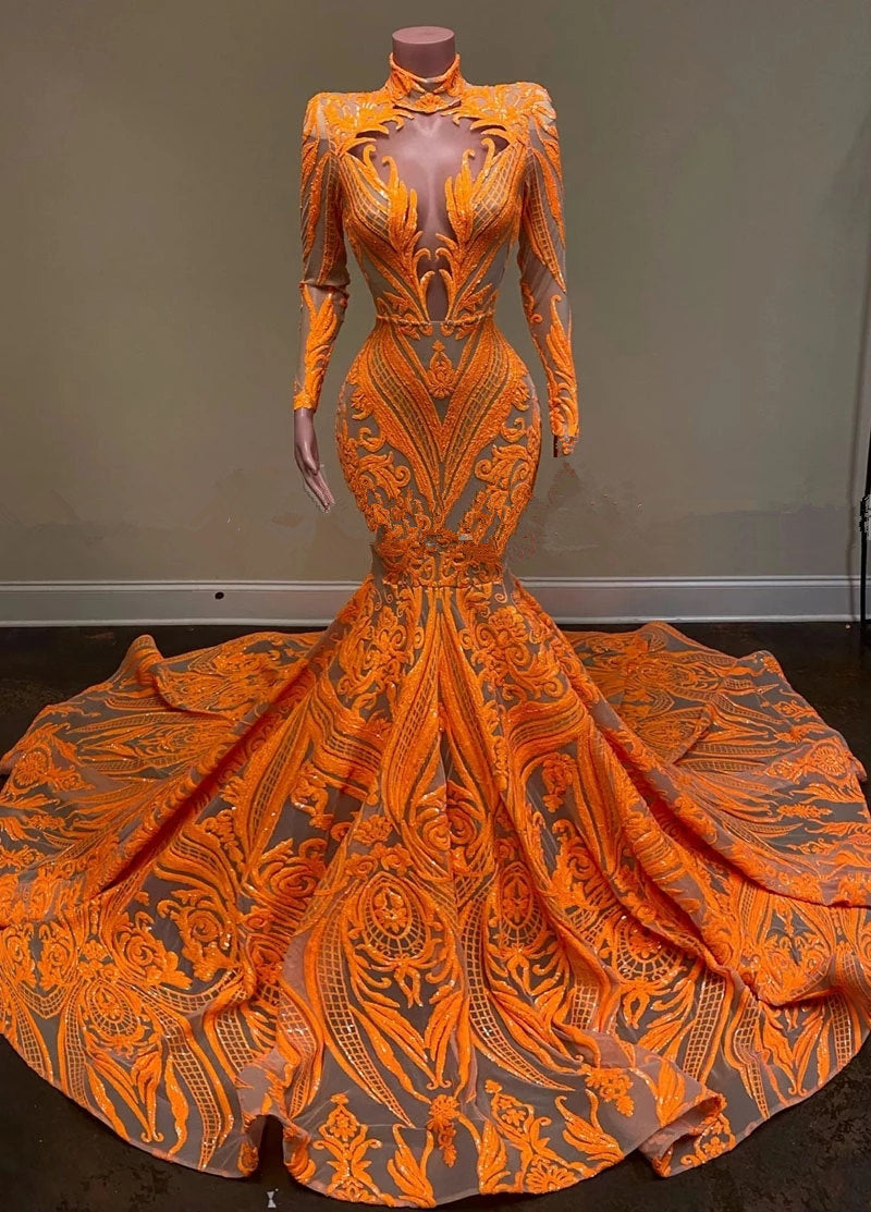 Fabulous Orange Halter Appliques Lace Long Sleeve Mermaid Prom Dresses - Prom Dresses - DINIBLO 