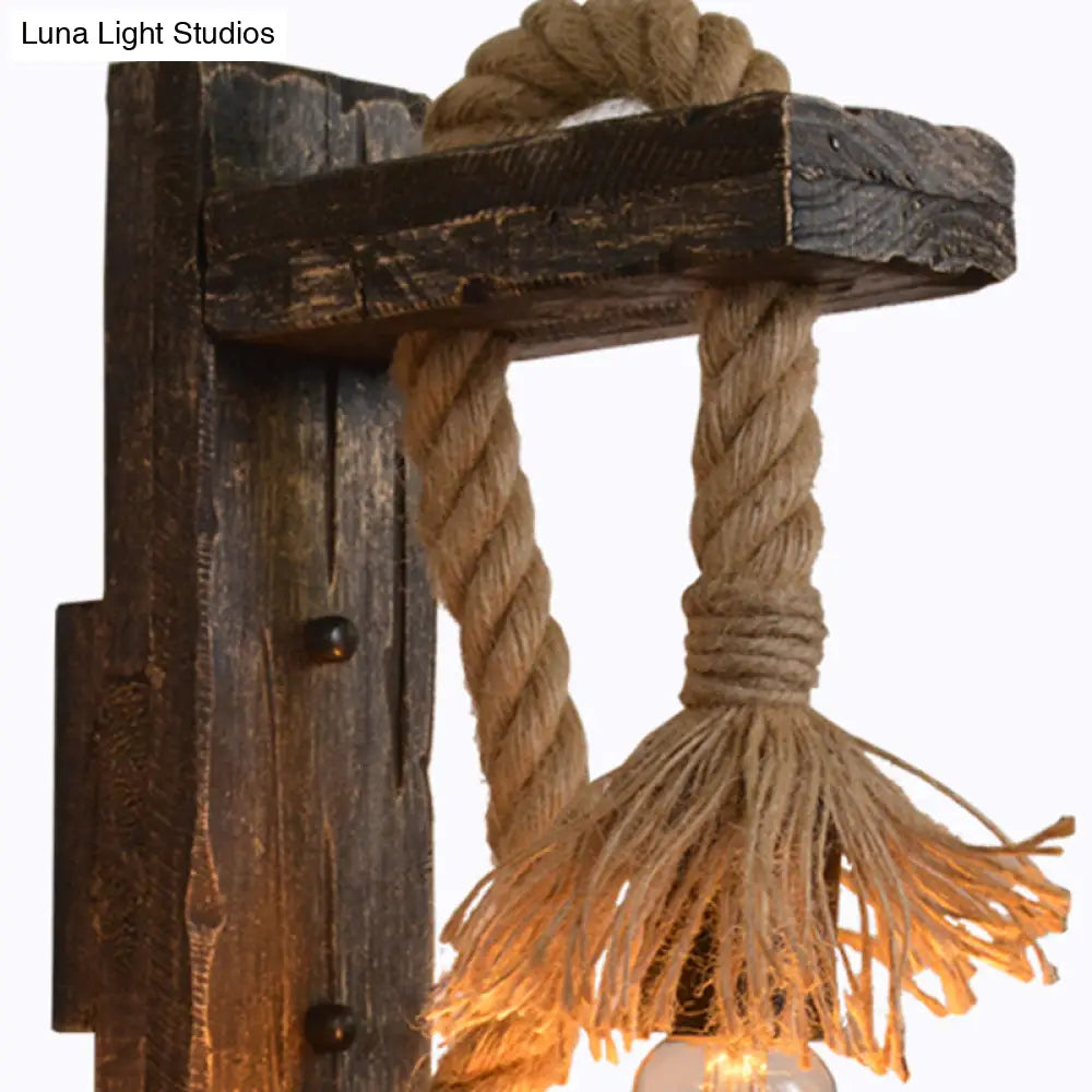 Farm Style Wood Wall Mounted Lamp: Rustic Hanging Light in Brown with Rope Detail & 1 Bulb -  - DINIBLO 