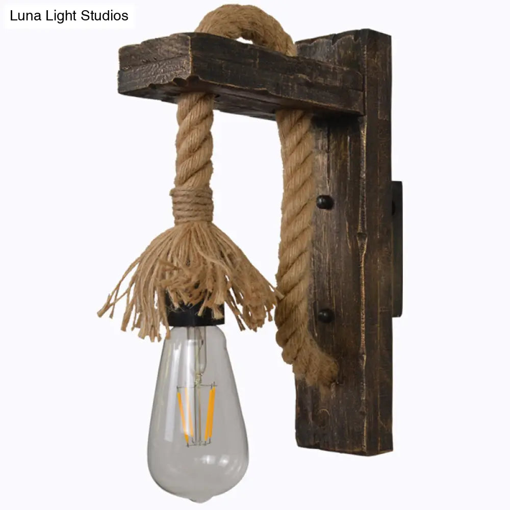 Farm Style Wood Wall Mounted Lamp: Rustic Hanging Light in Brown with Rope Detail & 1 Bulb -  - DINIBLO 