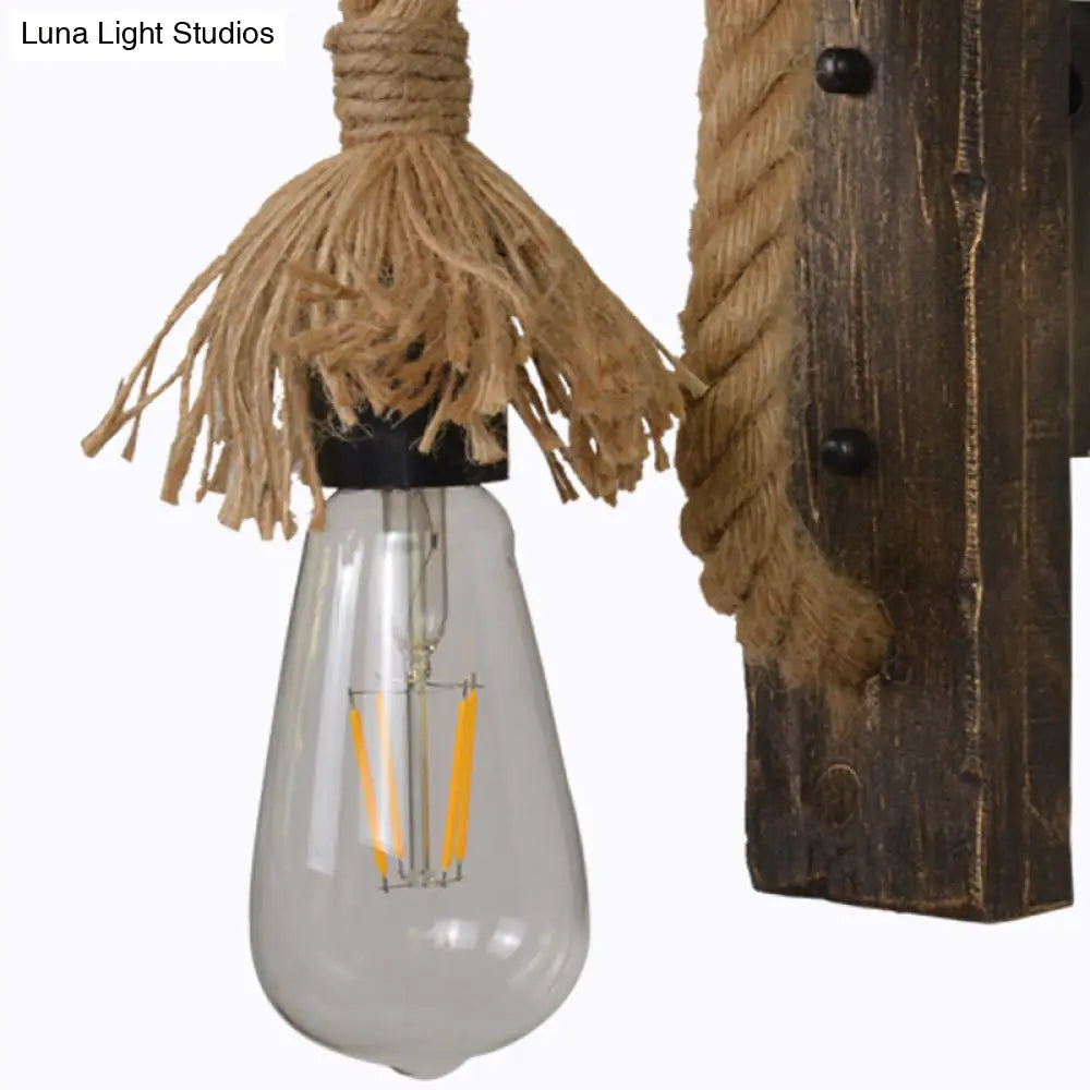 Farm Style Wood Wall Mounted Lamp: Rustic Hanging Light in Brown with Rope Detail & 1 Bulb -  - DINIBLO 