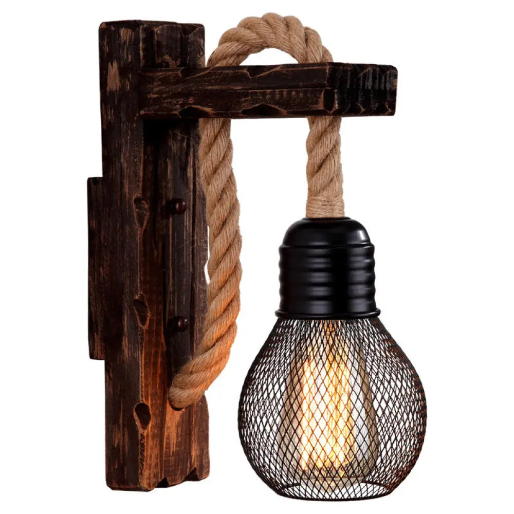 Farm Style Wood Wall Mounted Lamp: Rustic Hanging Light in Brown with Rope Detail & 1 Bulb -  - DINIBLO 