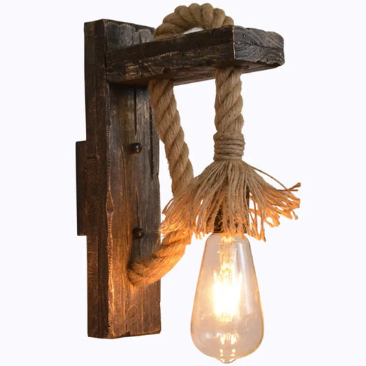 Farm Style Wood Wall Mounted Lamp: Rustic Hanging Light in Brown with Rope Detail & 1 Bulb -  - DINIBLO 