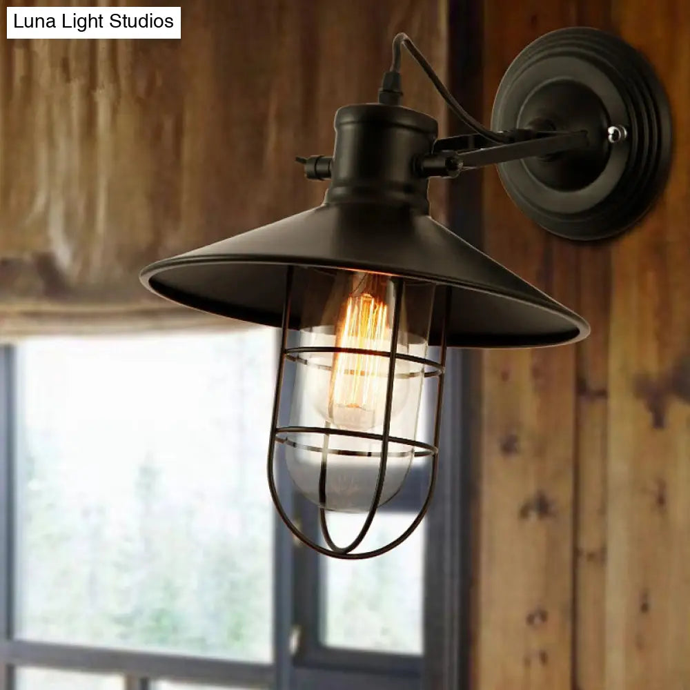 Farmhouse Adjustable Wall Lamp with Clear Glass Bulb, Black Wire Cage & Saucer Top -  - DINIBLO 