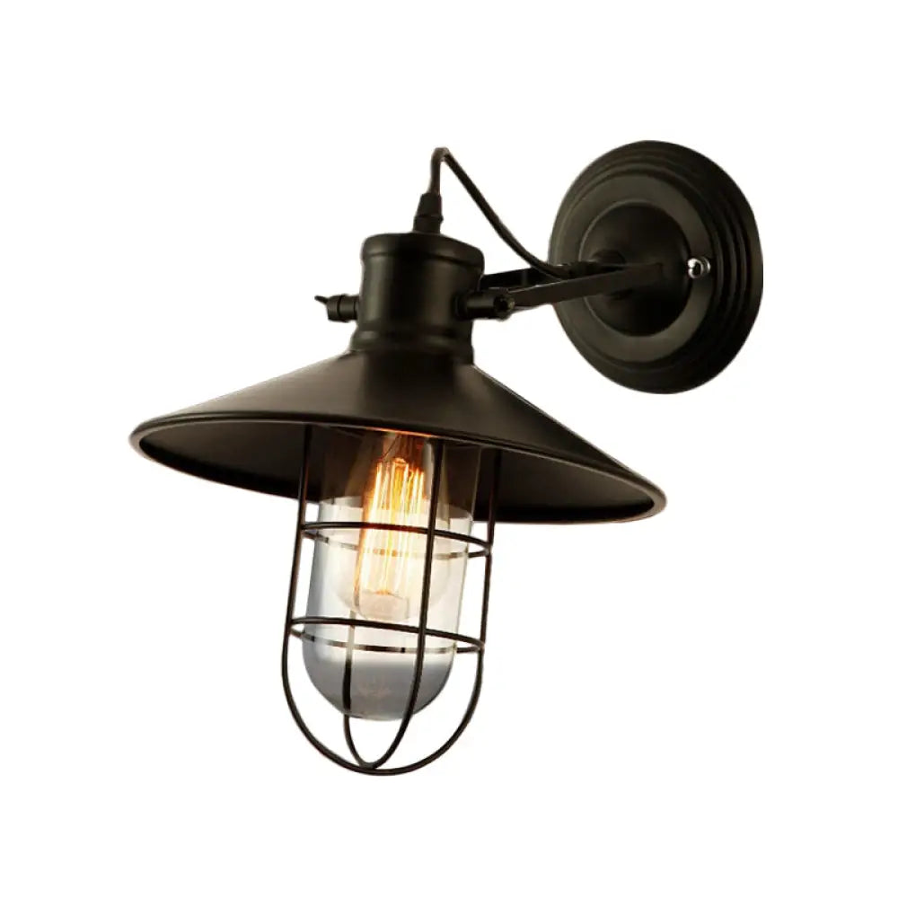 Farmhouse Adjustable Wall Lamp with Clear Glass Bulb, Black Wire Cage & Saucer Top -  - DINIBLO 