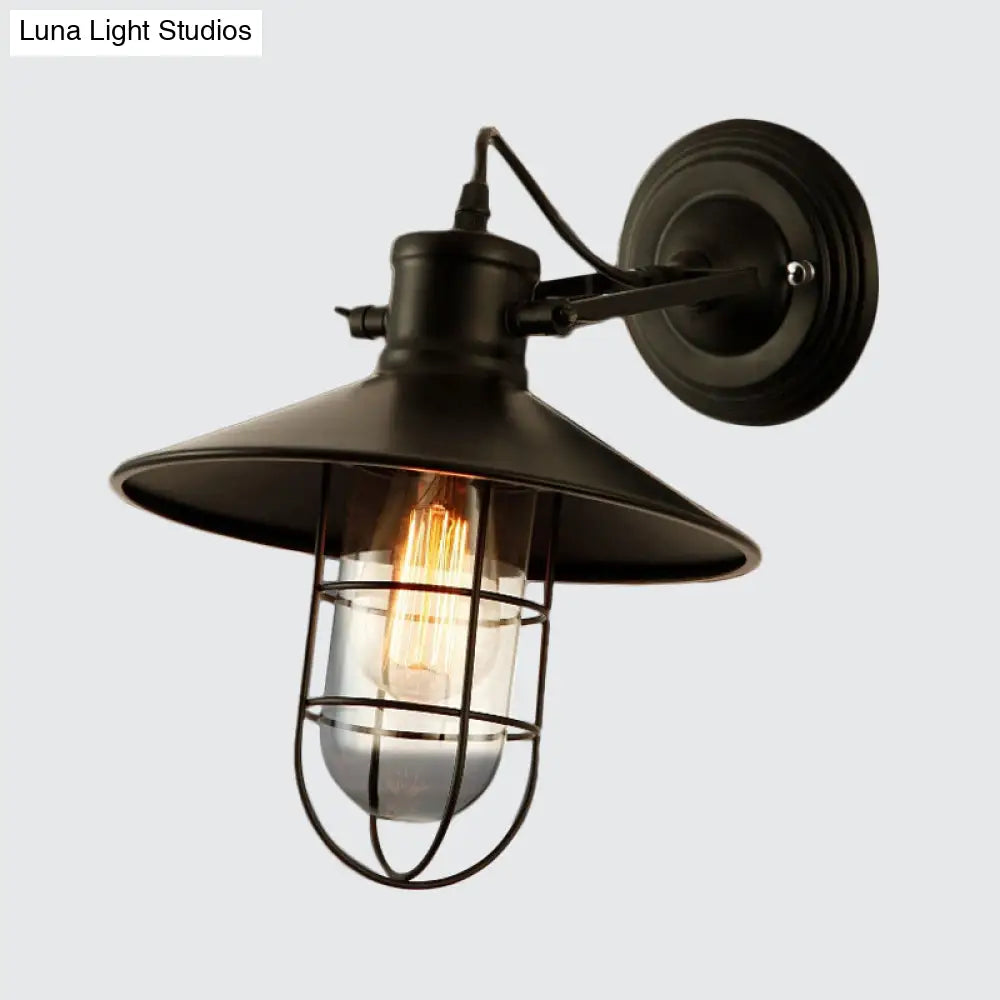 Farmhouse Adjustable Wall Lamp with Clear Glass Bulb, Black Wire Cage & Saucer Top -  - DINIBLO 