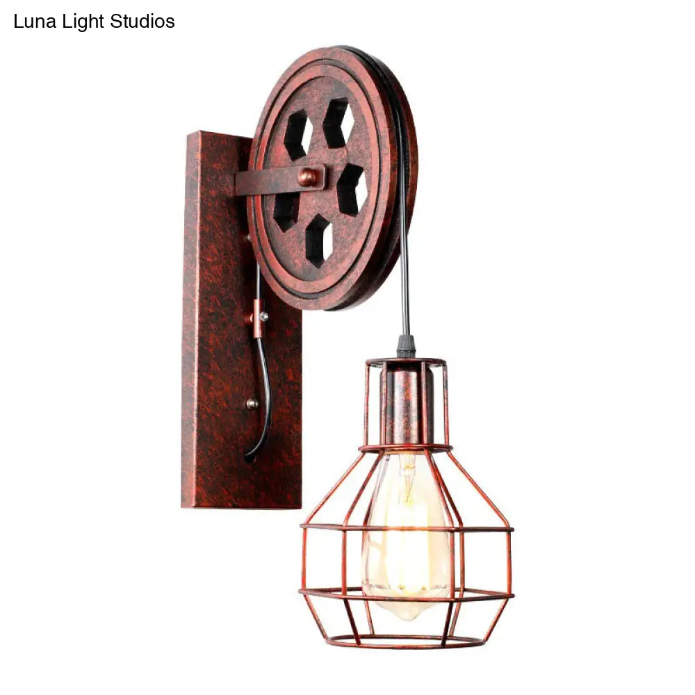 Farmhouse Iron Pulley Wall Light in Rust Red - 1-Light Ball Cage Fixture -  - DINIBLO 