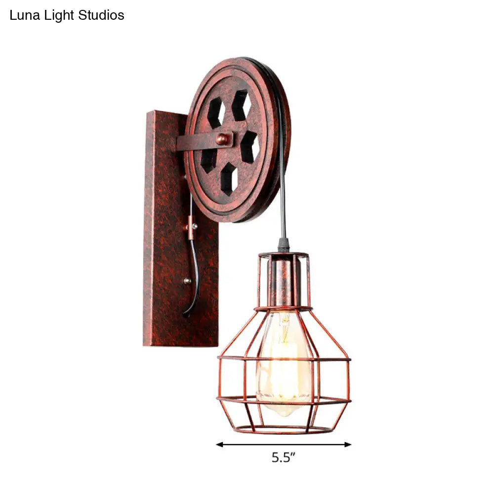 Farmhouse Iron Pulley Wall Light in Rust Red - 1-Light Ball Cage Fixture -  - DINIBLO 