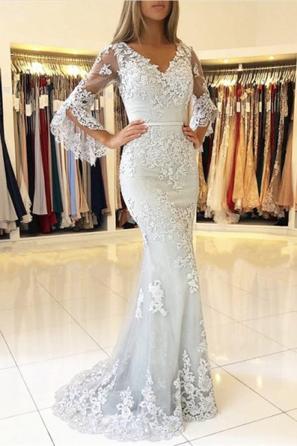 Fashion Evening Dresses Long Lace With Sleeves Floor-Length Evening Wear Prom Dresses - Prom Dresses - DINIBLO 