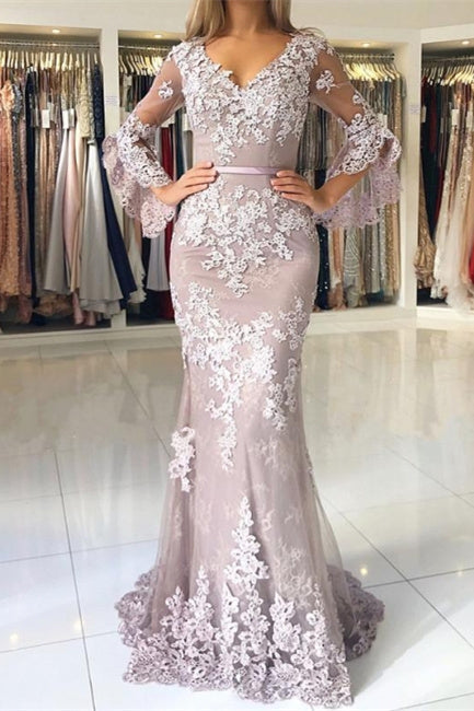 Fashion Evening Dresses Long Lace With Sleeves Floor-Length Evening Wear Prom Dresses - Prom Dresses - DINIBLO 