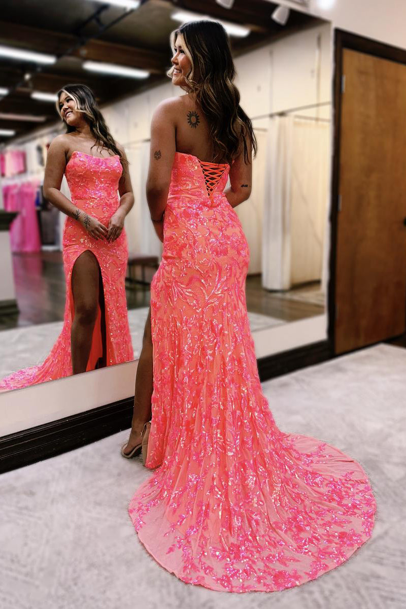 Fuchsia Strapless Sequins Lace Mermaid Prom Dresses with Slit - Prom Dress - DINIBLO 