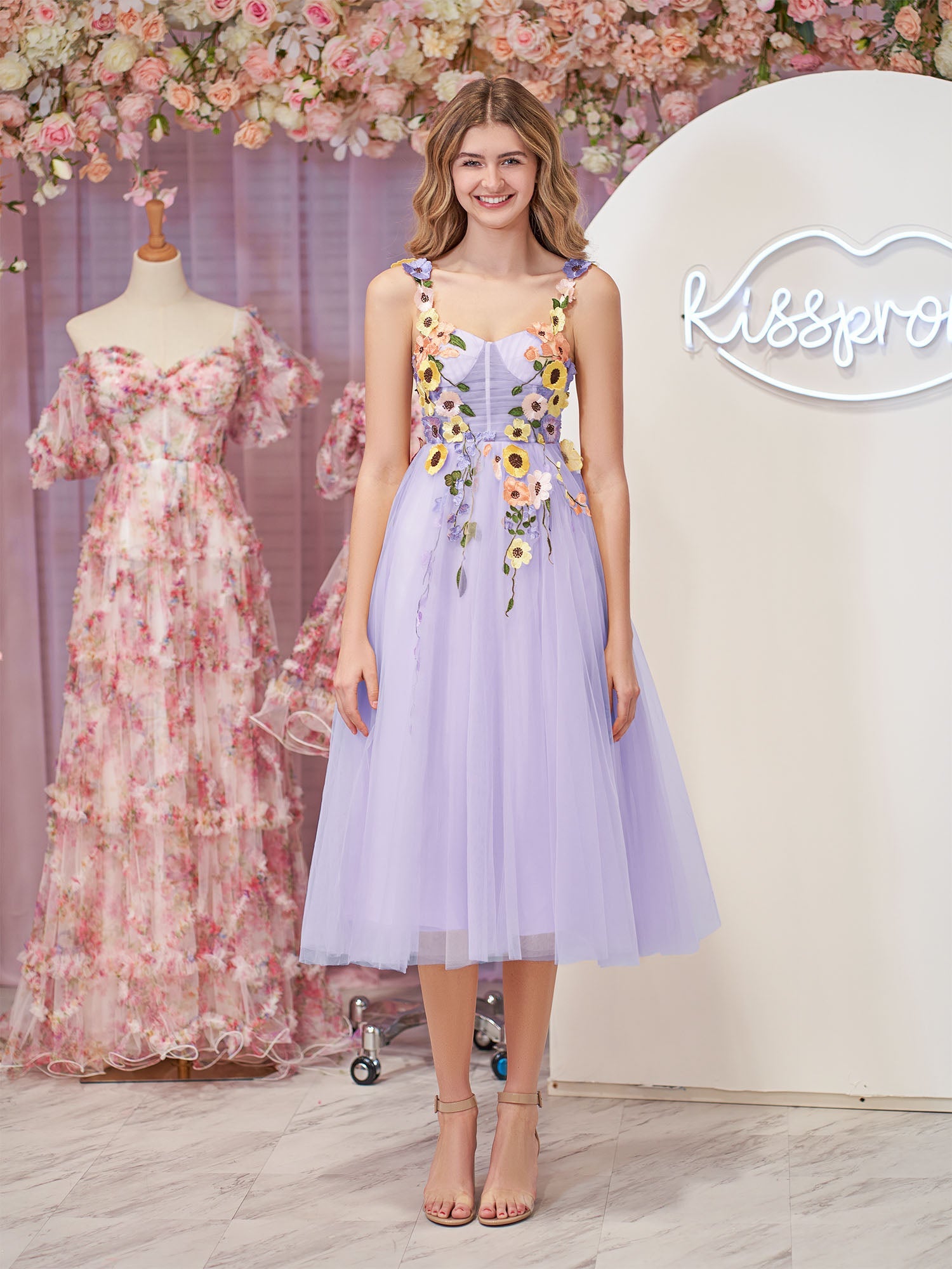 3D Flower Tulle Tea Length Prom Dresses - Homecoming Dress - DINIBLO 