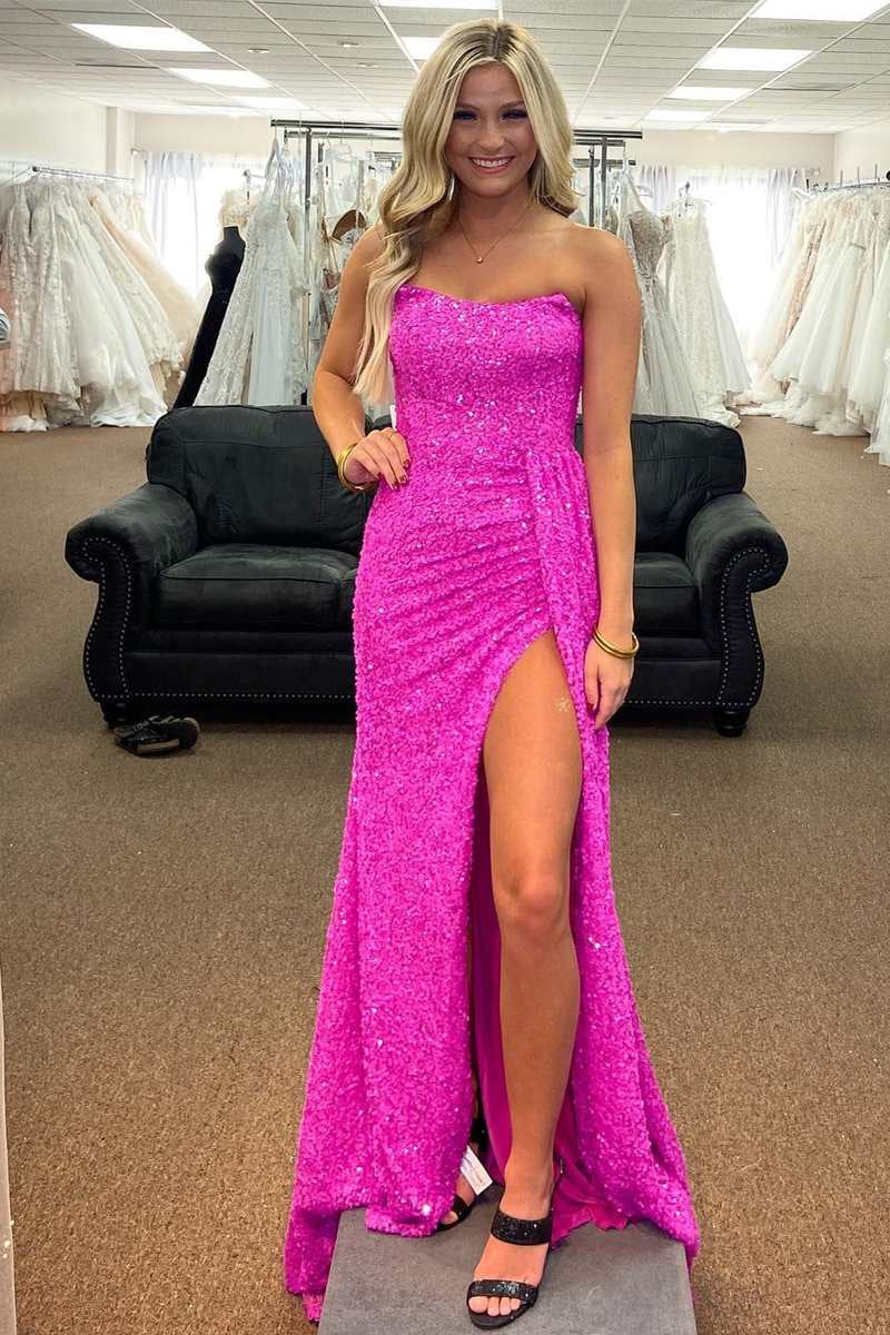 Fuchsia Mermaid Strapless Sequins Lace-Up Long Prom Dress with Slit - Prom Dresses - DINIBLO 