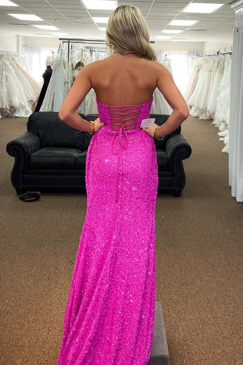 Fuchsia Mermaid Strapless Sequins Lace-Up Long Prom Dress with Slit - Prom Dresses - DINIBLO 