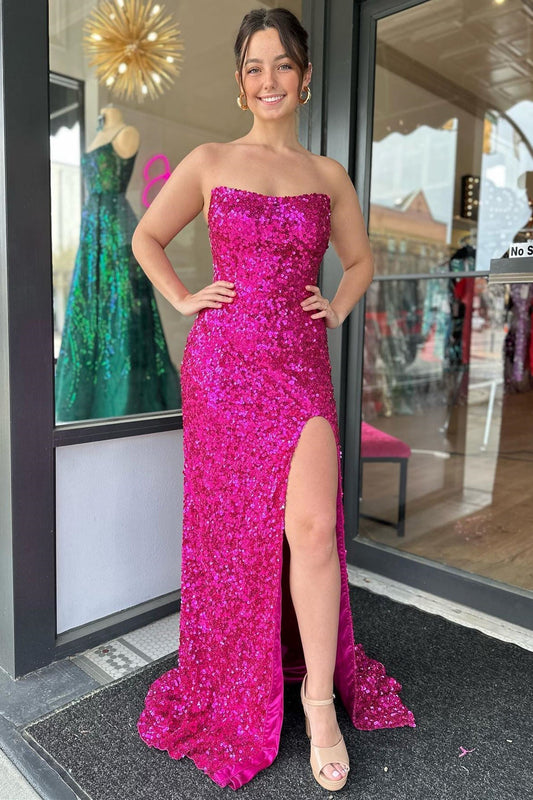 Fuchsia Strapless Sequins Long Prom Dress with Slit - Prom Dresses - DINIBLO 