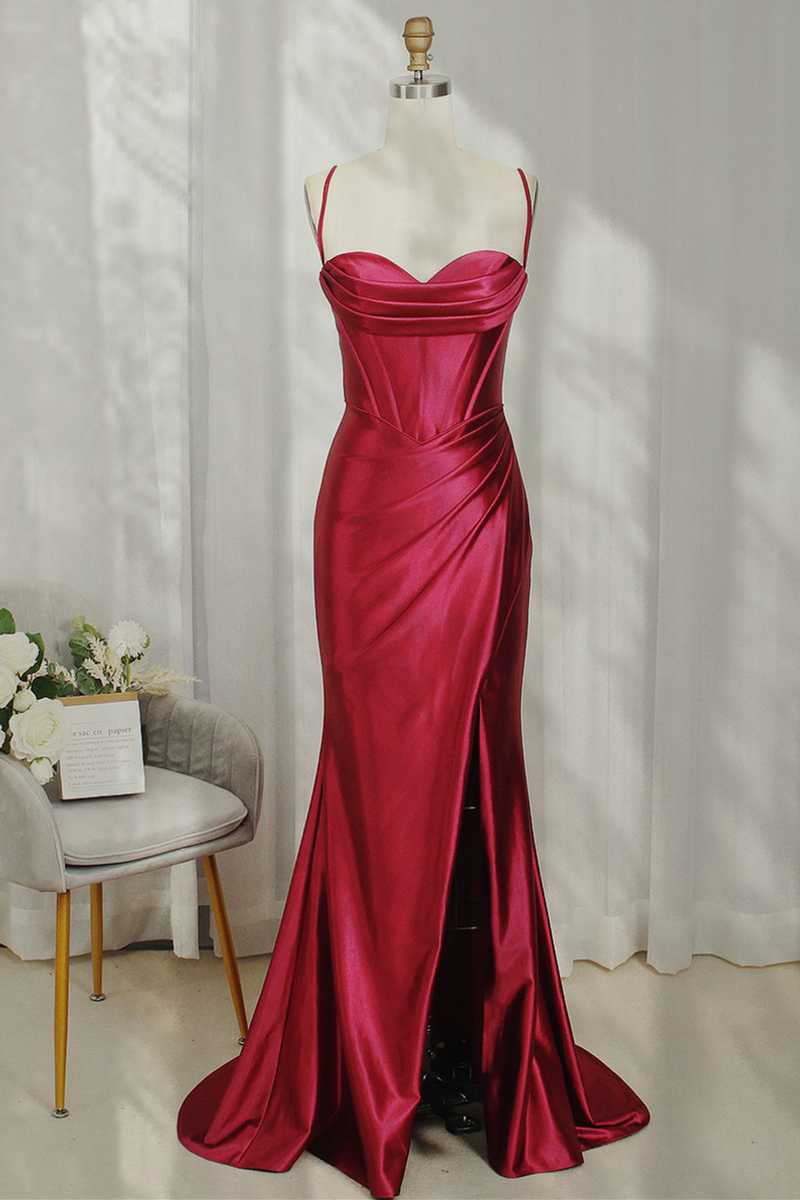 Hot Pink Spaghetti Straps Satin Mermaid Prom Dress with Slit - Prom Dress - DINIBLO 