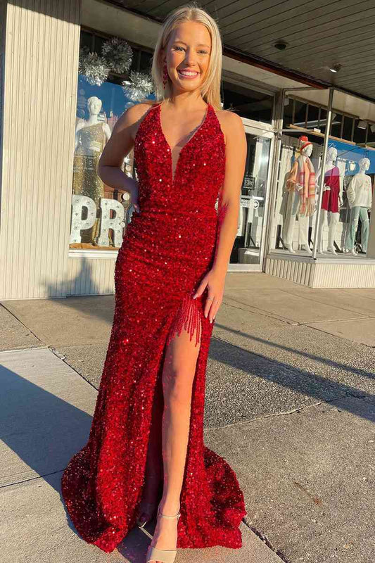 Red Halter Sequins Long Prom Dress with Tassel - prom dress - DINIBLO 