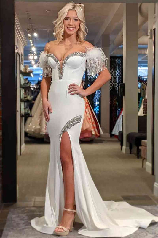 White Off-the-Shoulder Tassel Mermaid Prom Dress with Slit - prom dress - DINIBLO 