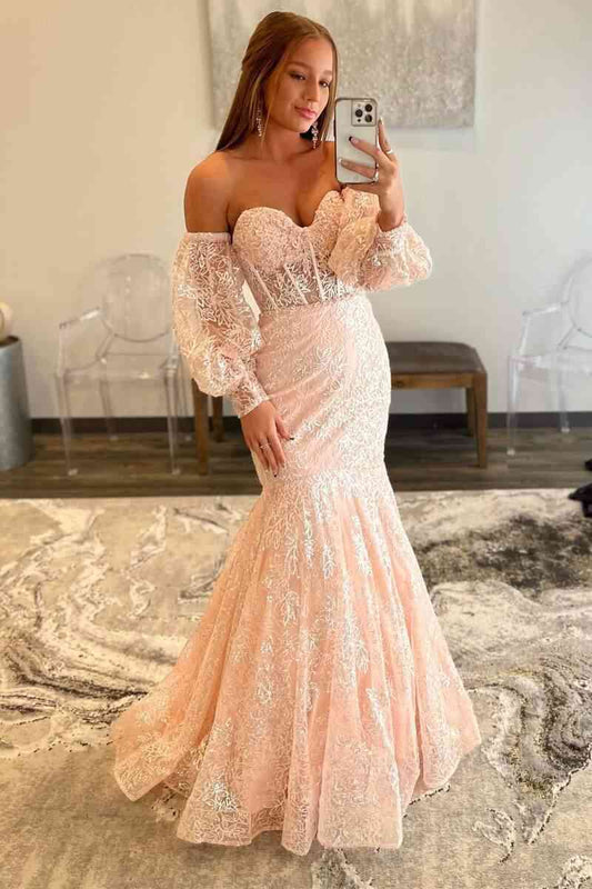 Peach Sweetheart Sheer Lace Corset Mermaid Prom Dress - prom dress - DINIBLO 